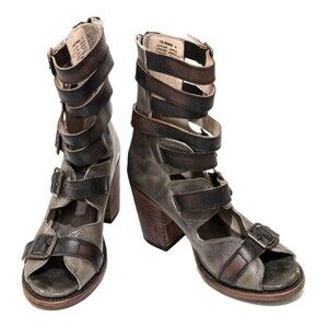 Freebird Gladiator Leather Heels Bond Green Body 7 Brown Adj. Strap Sz 8
